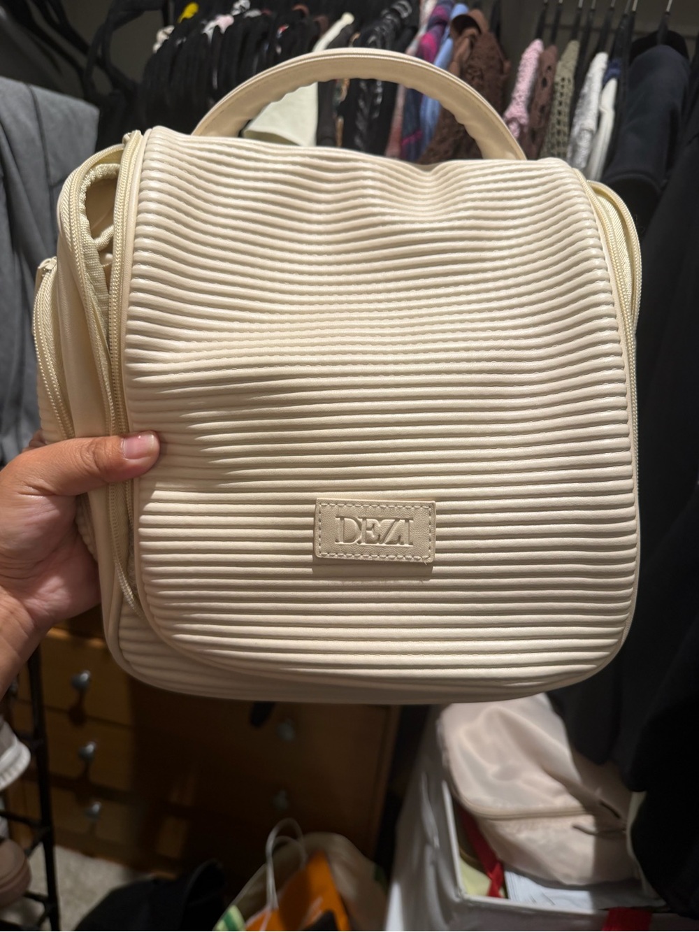 DEZI Cream Quilted Cosmetic Case with Top Handle